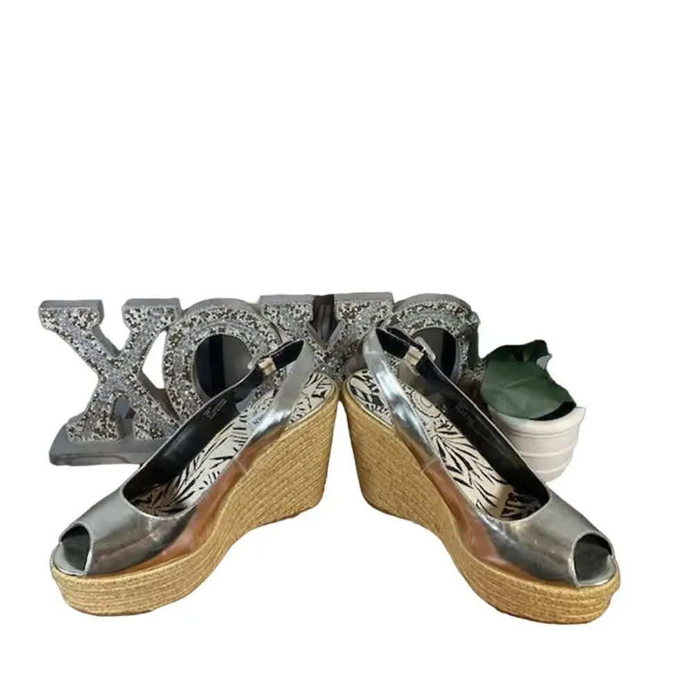 Steve Madden Women Metallic Silver Open Toe Ankle Espadrille Wedge Sandals Sz 10